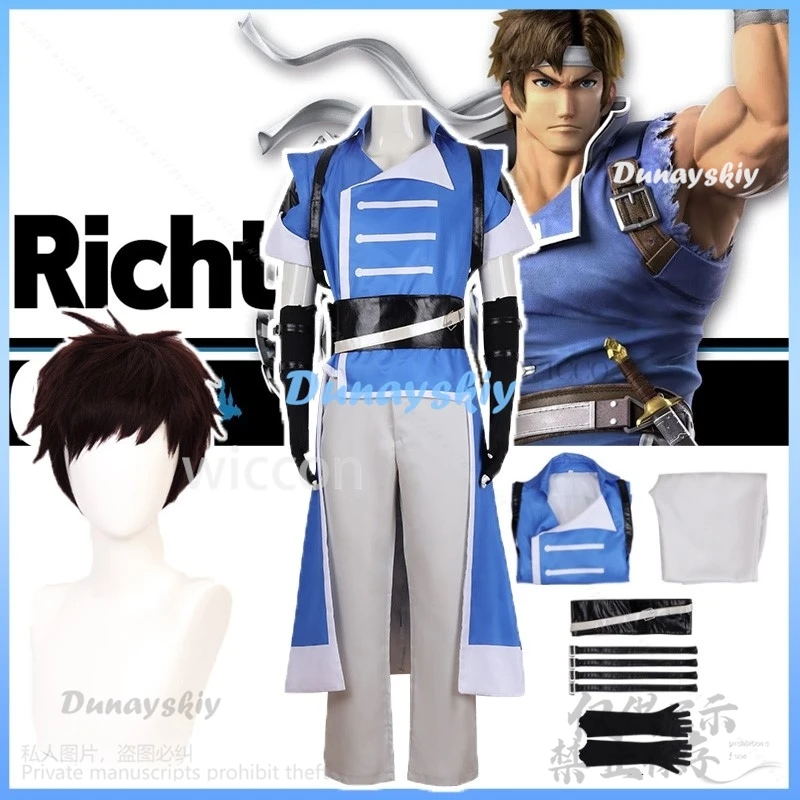 Anime Castlevania Nocturne Cosplay Richter Belmont Costume Blu Uniforme Top Pantaloni Parrucca Per Uomo Cos Halloween Natale Personalizzato