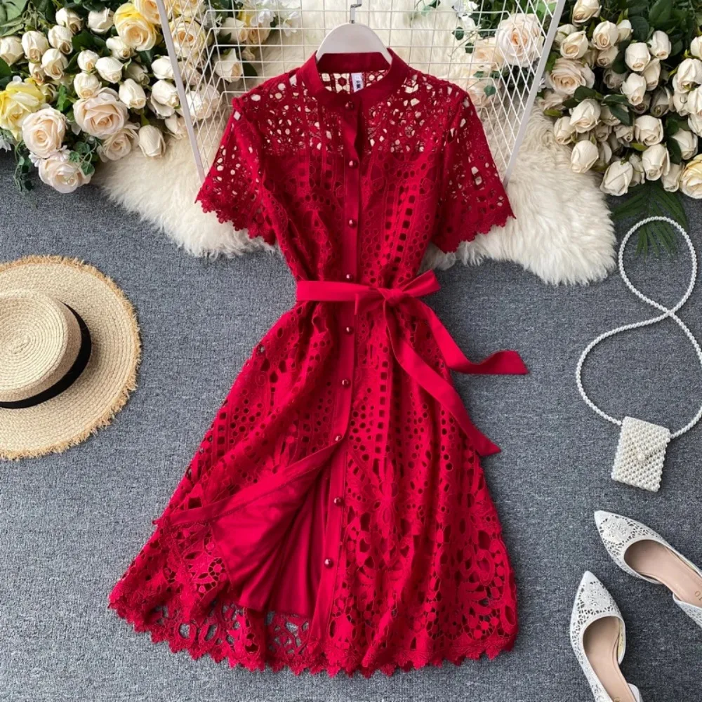 French Vintage Lace O-neck Hollow Out Bandages Short Sleeves Dress Casual Women Fashion Spring/Summer Vestidos Dress