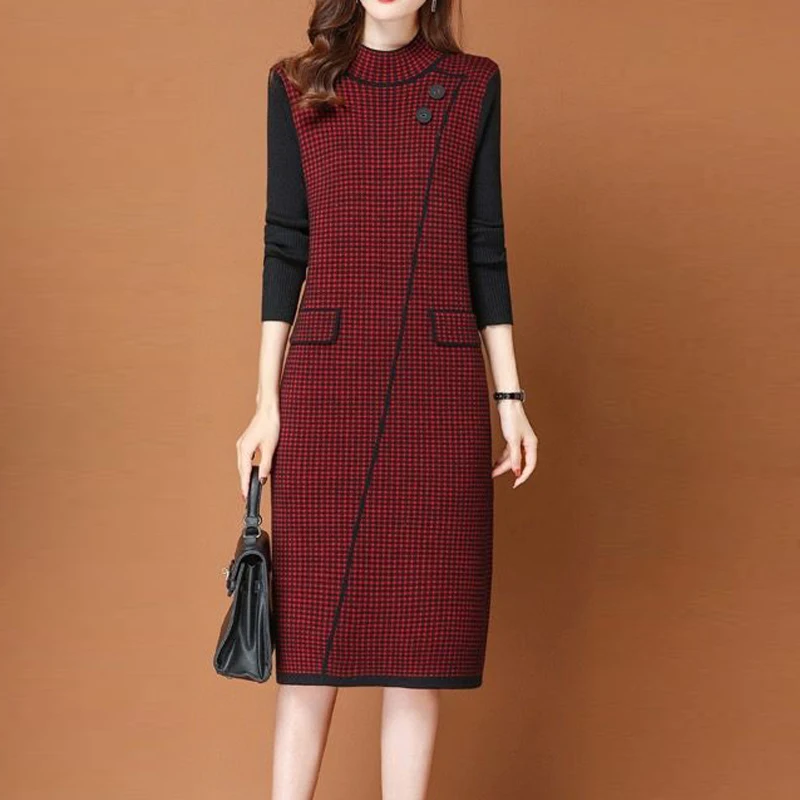 Outono inverno feminino retro xadrez retalhos básico vestidos de malha senhoras elegante meia gola alta manga longa solto vestido camisola