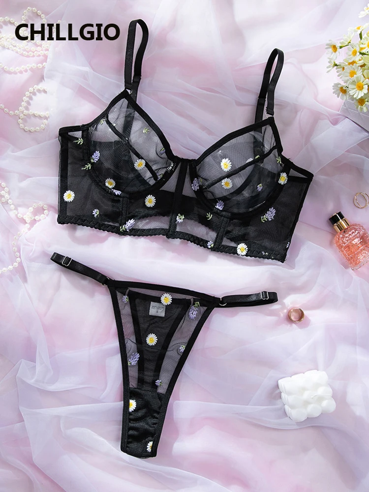 

CHILLGIO женский бюстгальтер с цветочной вышивкой, короткие костюмы, сексуальный пуш-ап на косточках, интимное белье, модные облегающие сетчатые комплекты нижнего белья