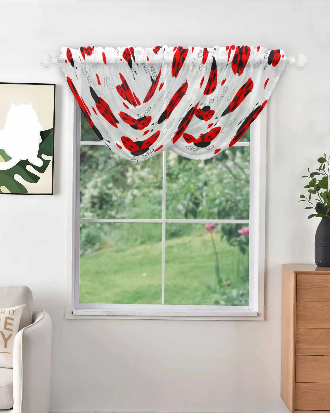 Ladybug Love Heart Dotted Texture Short Tulle Curtains for Living Room Sheer Valance Kitchen Cabinet Cafe Window Drapes