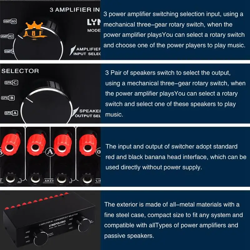 

A08E-LYNEPAUAIO 1 PCS 3 Input 3 Output Passive Power Amplifier And Speaker Switcher Speaker Splitter Black Metal