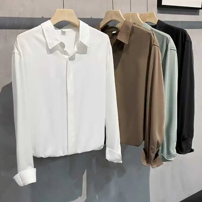 

Anti-Wrinkle Ice Silk Casual Long Sleeve Men's Shirt Summer Standard Fit Youth Fashion Standard Thickness Sharp Collar Design
