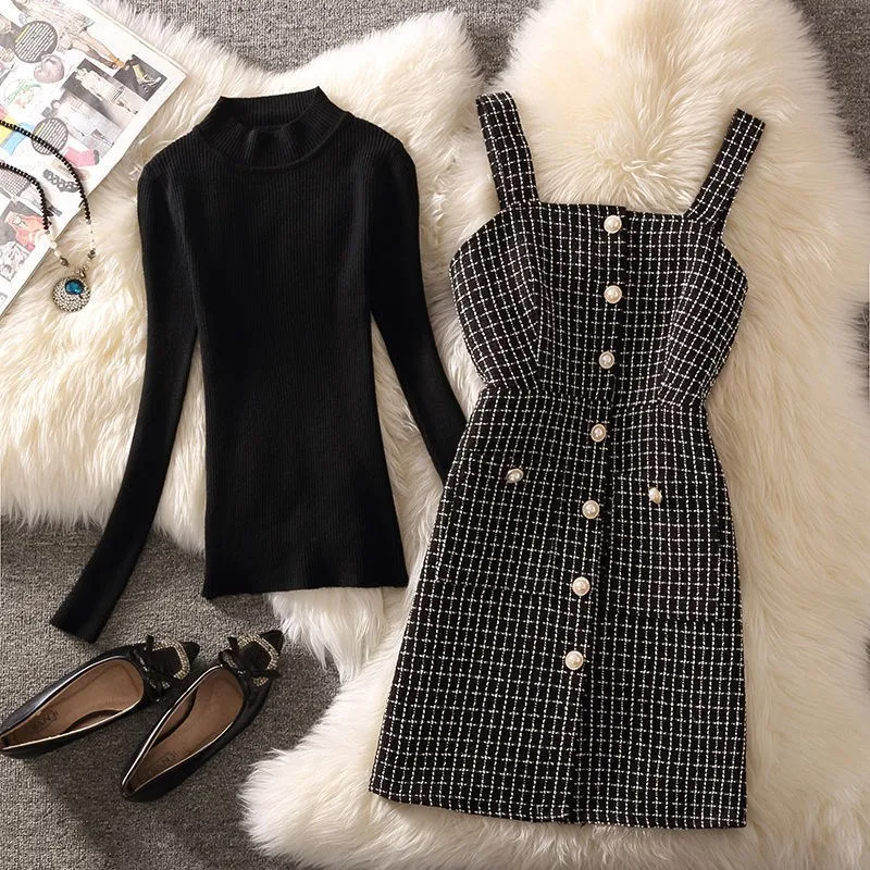 

Women's Spring Autumn Sexy Split Tweed Bag hip Mini Skirt Suits Knitted Tops Chic Pearl Button Vest Pencil dress Two Piece Sets