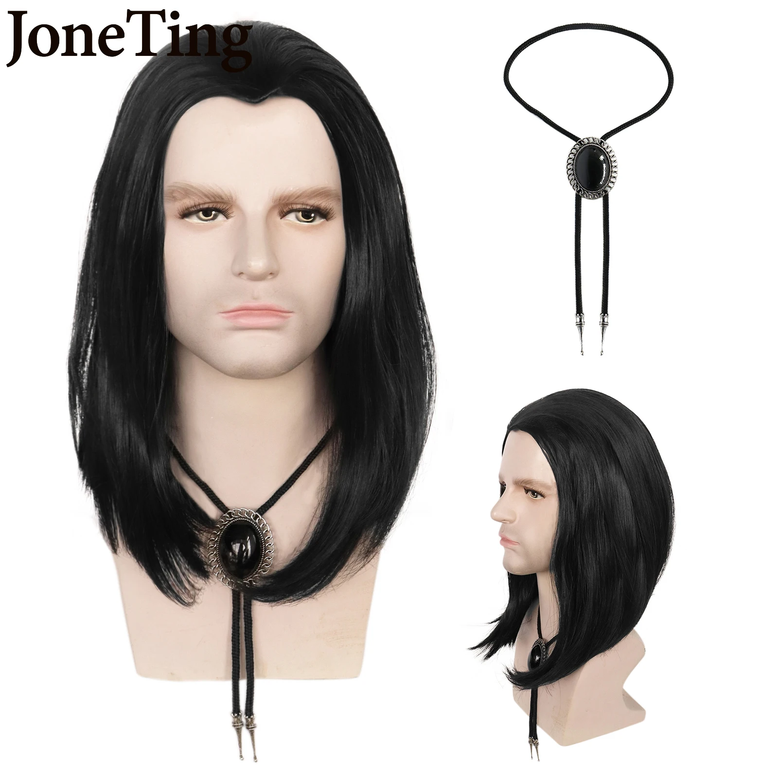 JT Synthetic Vincent Vega Cosplay Wig Pulp Fiction John travolta Cosplay Wig Long Bob Black Cosplay Wig and Necklace for Vega