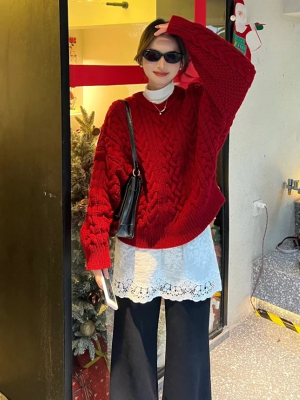 

Вязаный свитер из пряжи Thiened, женский, свободного кроя, с длинными рукавами, круглым вырезом, теплый топ для Нового года и года по китайскому зодиаку