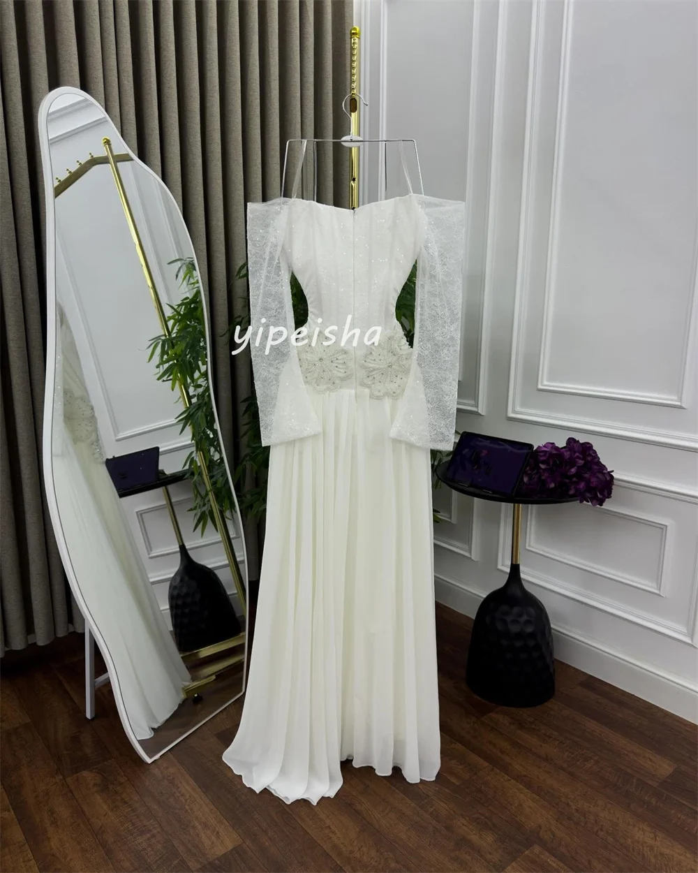 Vestidos largos personalizados de gasa exquisita hechos a mano con cuentas de flores y lentejuelas, vestidos largos con hombros descubiertos, vestidos para ocasiones a medida