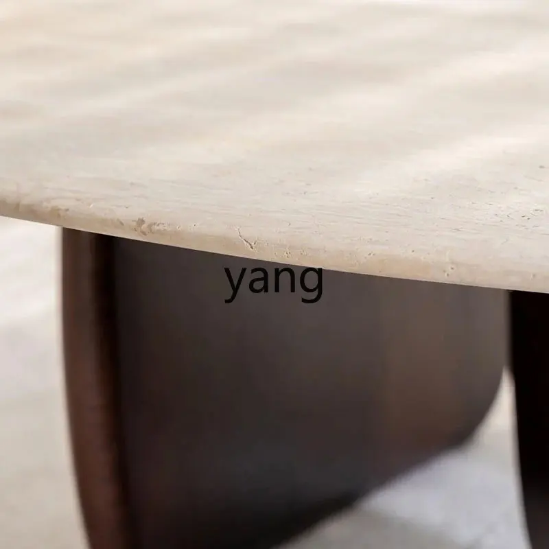 lmm  Natural Travertine Coffee Table Cream Style Solid Wood Living Room Home Round Coffee Table