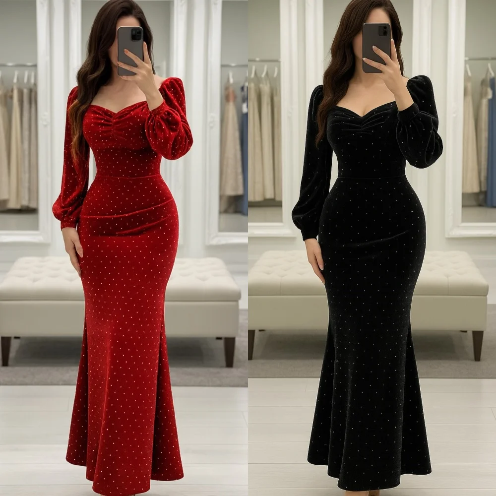 Customized Modern Style Formal Sequined Ruched Mermaid Square Neck Ankle Length Dresses Evening Dresses High Quality Matching