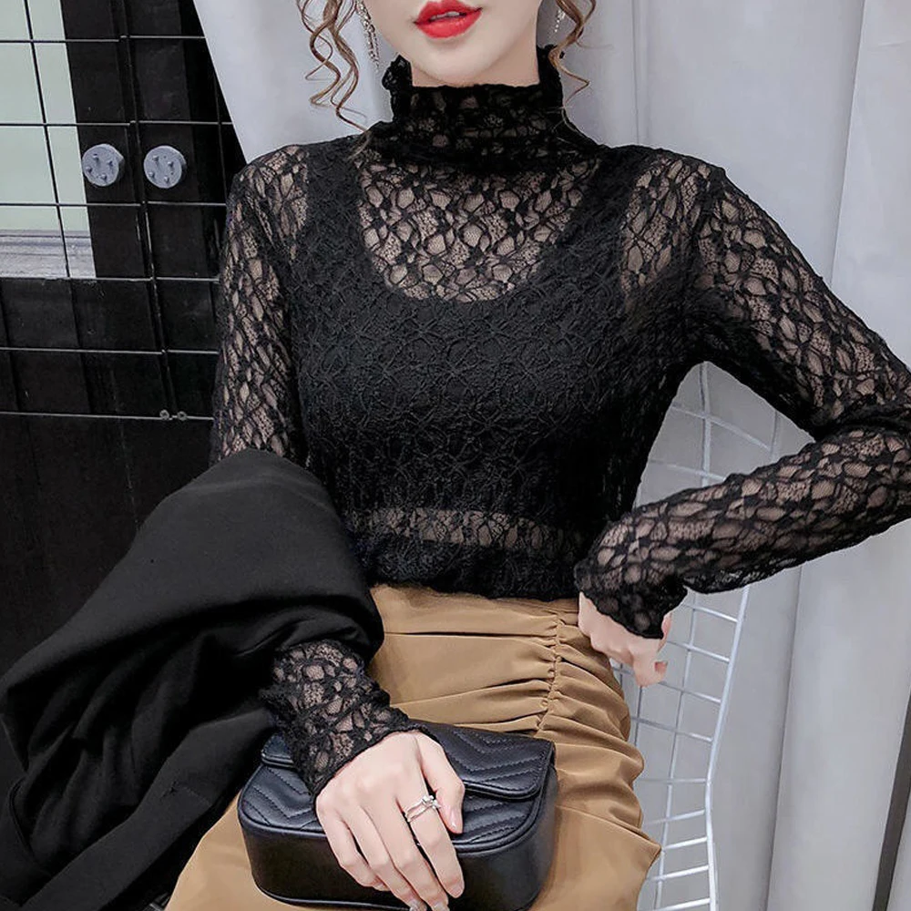 

Elastic Flower Lace Shirts Girls Y2K O Neck Long Sleeve S-XL Tops Black White Blouses Ladies Stretch See Through T Shirt Women