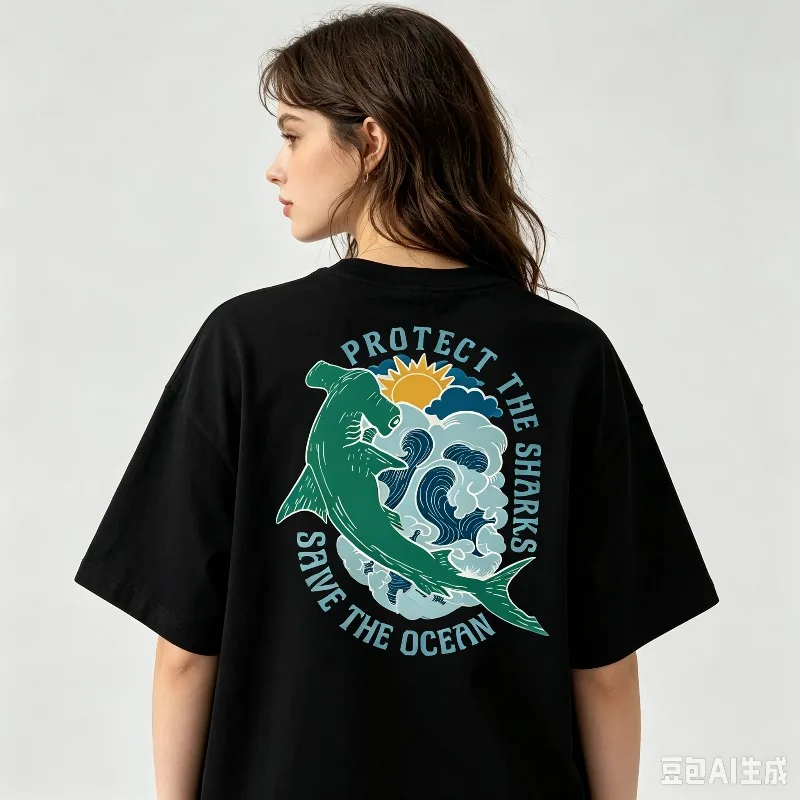Protect The Sharks Back Print Women T-Shirt Ocean Wave Shark Graphic Surfing Vintage Summer Casual Short Sleeve Loose Tee Top