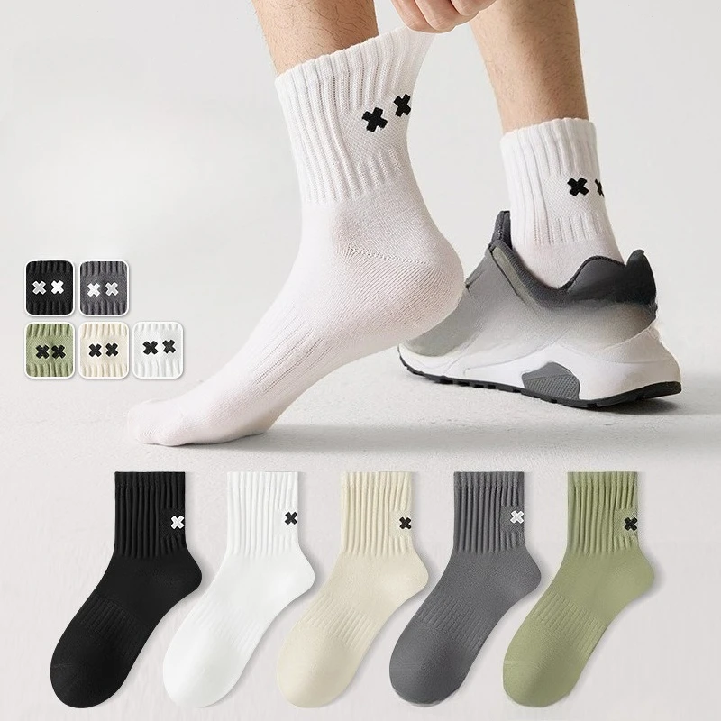 

5 pairs of men's autumn winter mid tube pure cotton antibacterial odor proof sports short tube men's plus size cotton socks
