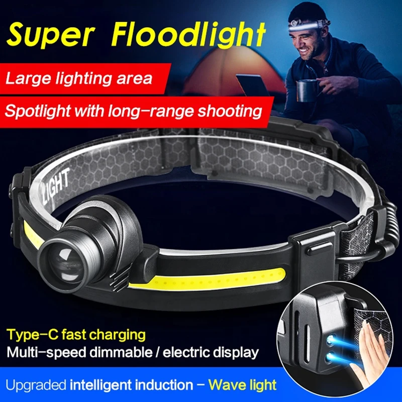 

Суперъяркий водонепроницаемый налобный фонарь с USB-разъемом типа C, наружный светодиодный налобный фонарь COB и XPG с 7 режимами освещения и датчиком движения