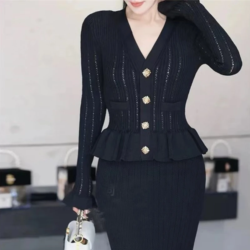 Vintage French Style Noblewoman Lady Temperament Long V Neck Mermaid Sweet Plus Size Knitwear Dress