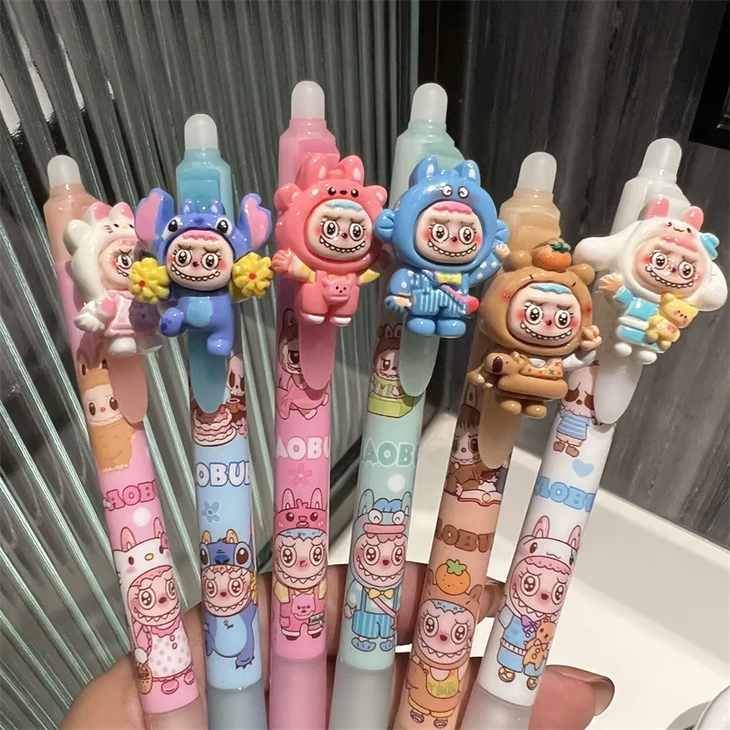 

6pcs Labubu Gel Pens Prohibit Anxiety Series Kawaii 0.5mm Black Pen Cartoon School Student Office Stationery Birthday Gift