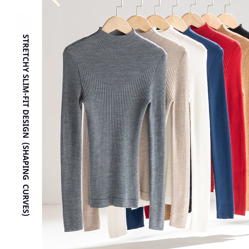 Sweter damski z wełny merino 100%, możliwość prania w pralce, golf, dzianinowy, idealny jako warstwa bazowa na jesień i zimę, swetry do noszenia pod ubrania.