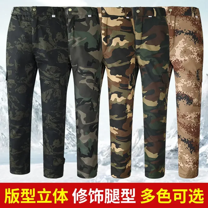 Pantalones de algodón de camuflaje de invierno gruesos, cálidos y resistentes al desgaste, impermeables y de terciopelo para hombres