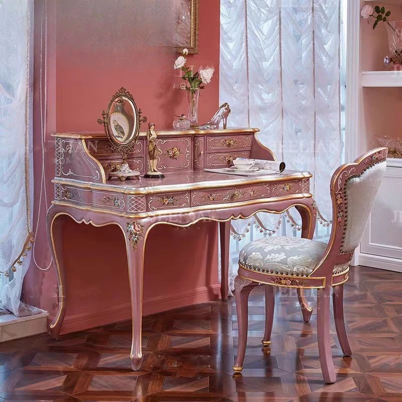 Palace style luxury rose pink desk and chair set solid wood hand-painted stickers imitation piano table