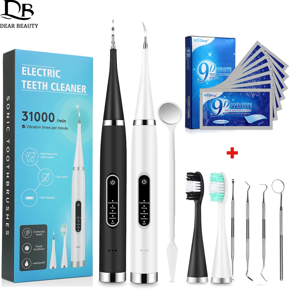 Tooth Cleaner Whitener Set Sonic Dental Scaler Toothbrush + 9D Teeth Whitening Strips Tartar Stains Calculus Plaque Remover