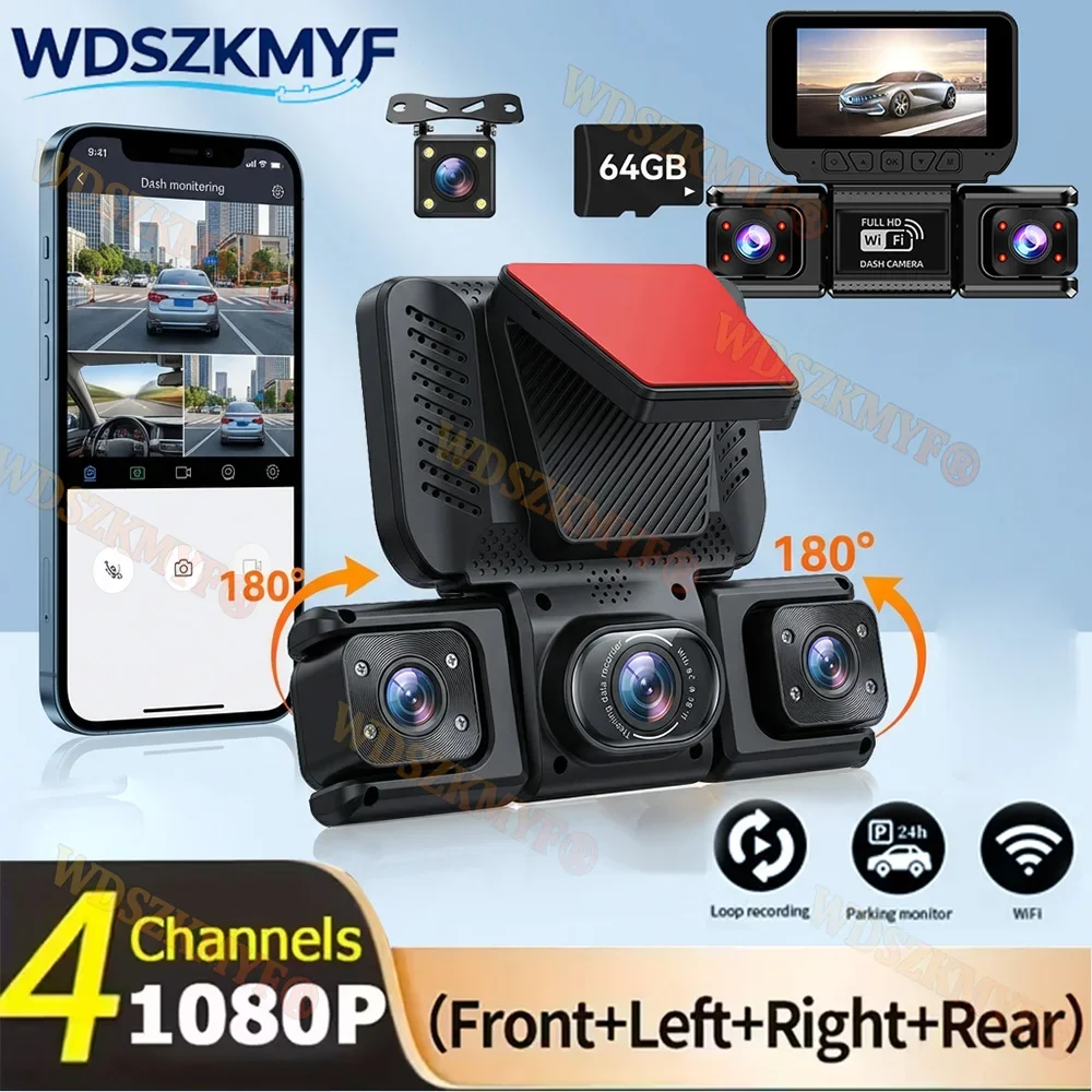 Quad Lens WIFI Car Dash Camera 360°  Front Rear Interior Rear View camea 1080P Full HD Car DVR with Night Vision Parking Monitor