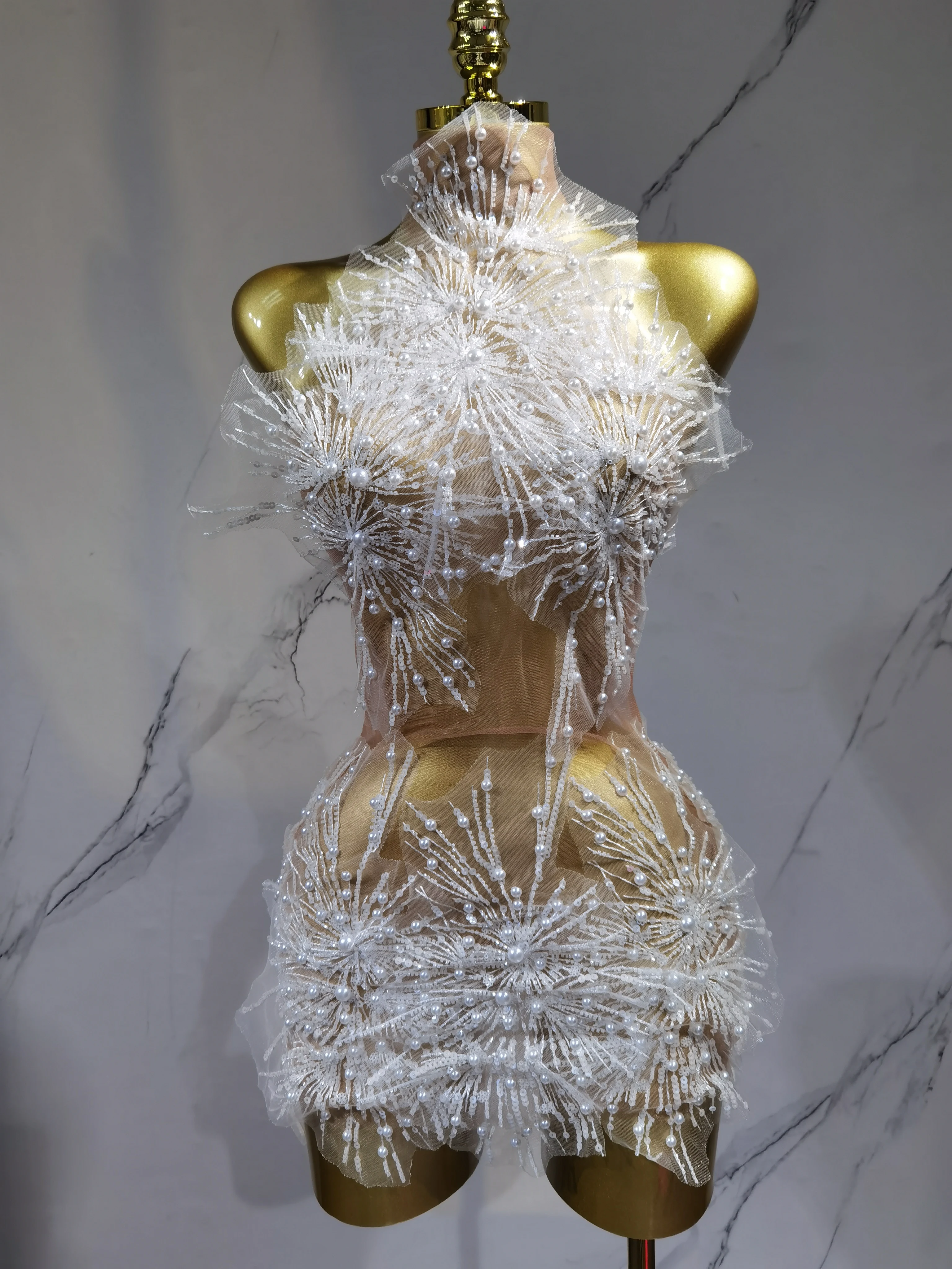 

Женское сексуальное мини-платье из сетки с жемчужным кружевом для вечеринок, празднования дня рождения, фотосессий, выступлений на сцене