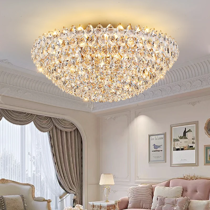 Lampadario di cristallo dorato rotondo di lusso di alta qualità Lampada da camera da letto per soggiorno Atmosfera di lusso in stile francese Nuova lampada da ristorante