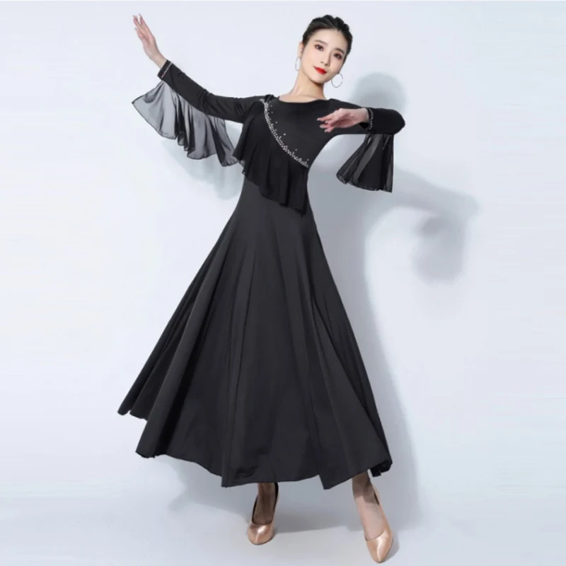 

Women Ballroom Competition Dress National Standard Dancing Clothes Black Red Long Sleeve Tango Waltz Performance Costume DL10794