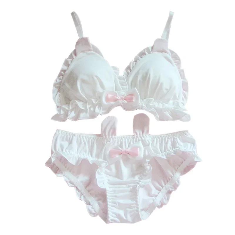 Conjunto de ropa interior japonesa Lolita Kawaii para mujer, sujetador y bragas con volantes de lazo blanco, lencería Sexy con orejas de conejo, conjunto de sujetadores