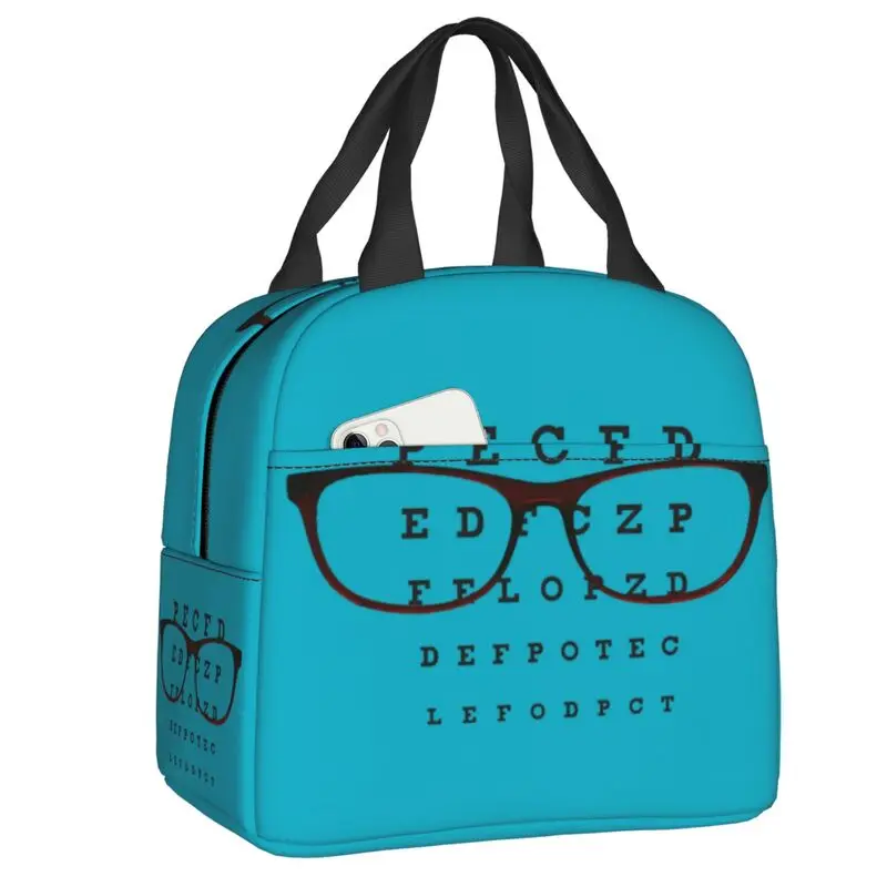 Custom Funny Glasses With Eye Test Chart Lunch Bag Women Optician Optometrist Warm Cooler Insulated Lunch Boxes for Adult Office