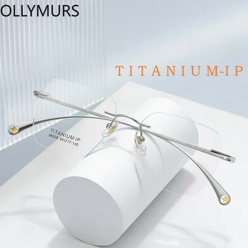 

OLLYMURS Ultra-light Fashion Polygonal Luxury Myopia Eyewear Men Retro Pure Titanium Optical Prescription Rimless Glasses Women