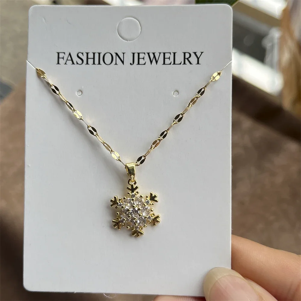 Stainless Steel Qualified Snowflake Women White Zircon CZ Crystal Pendant Necklace Party New Year Gift