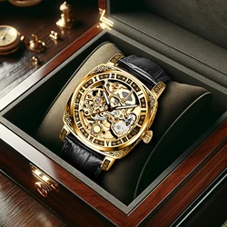 New vintage carved Man mechanical watch hollowed out luminous leather strap business elegant Men mechanical watches