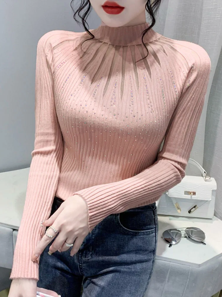 Sexy Knitted Women Pullover Diamonds European New Winter Drill Letters Unlined Hollow Out Show Half Turtleneck Sweater Top