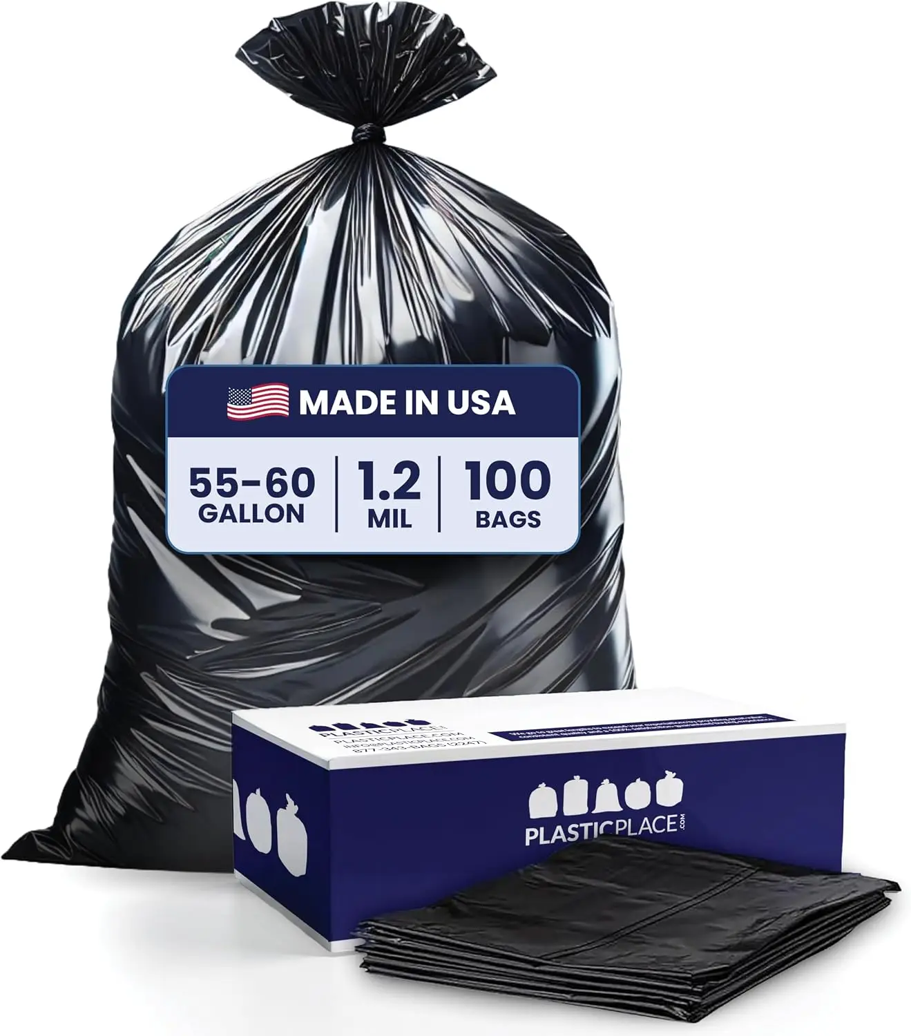 Plasticplace 55-60 Gallon Trash Bags, 1.2 Mil Heavy Duty Contractor Garbage Bags, Black Tear-Resistant Bags for Construction, Yard Waste, Industrial Use, Large 38” x 58” 100 Count