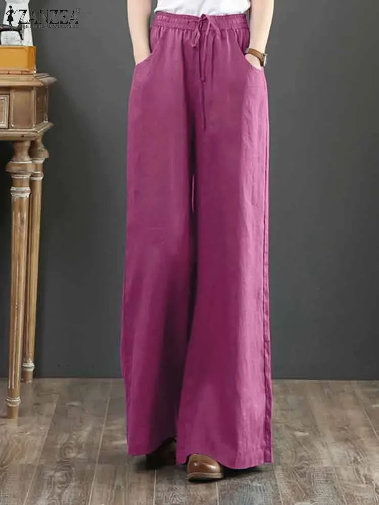 2025 ZANZEA الخريف السراويل النساء بنطال ذو قصة أرجل واسعة أنيق عالية الخصر الصلبة طويلة بنطلونات بالازو الإناث OL العمل بانت المعتاد #3