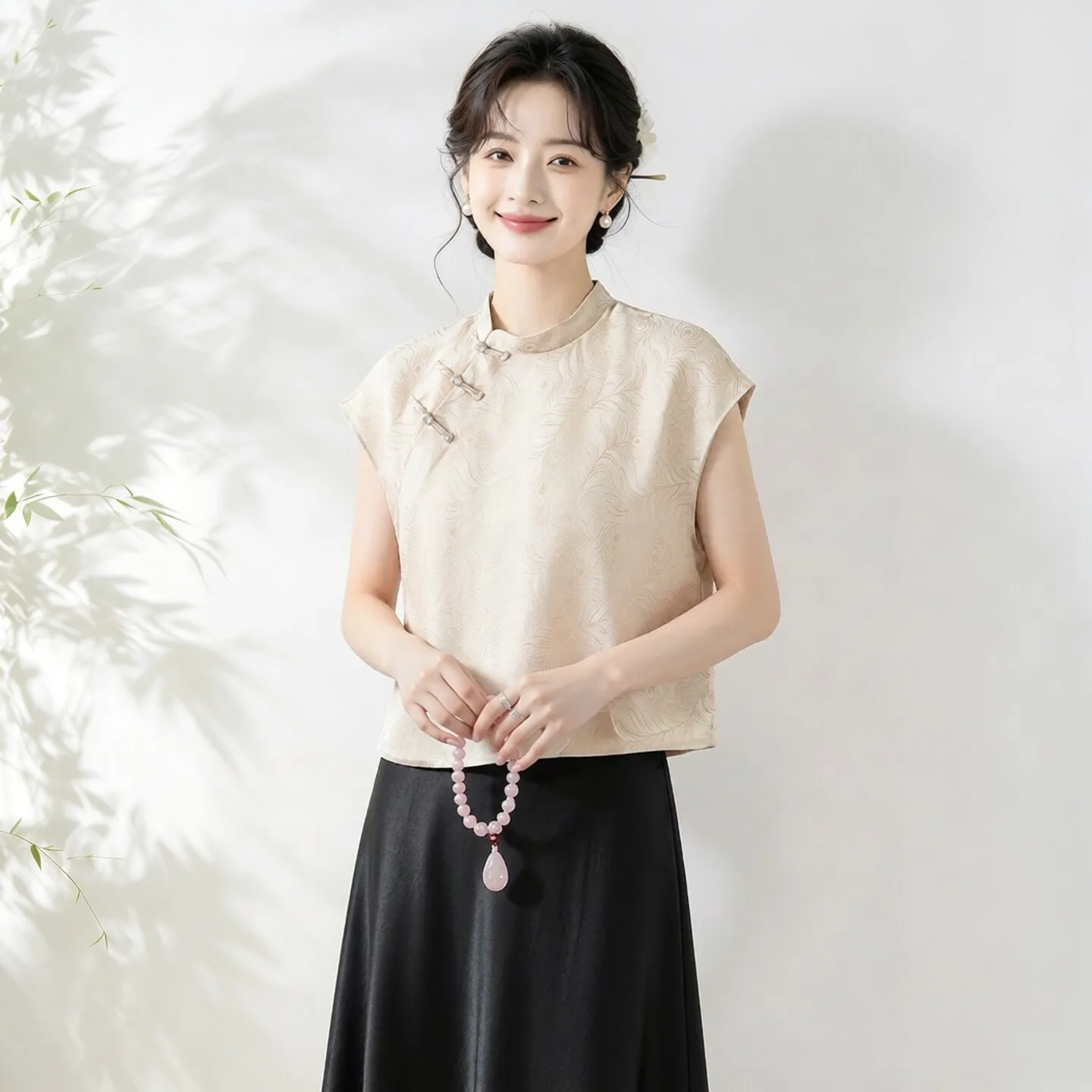 Winsleter-100%Spun Silk Elegant Vest, Stand Jacquard, Women New Chinese Style Simplicity Commute Loose Vest, 2026 Fall T6O834CC