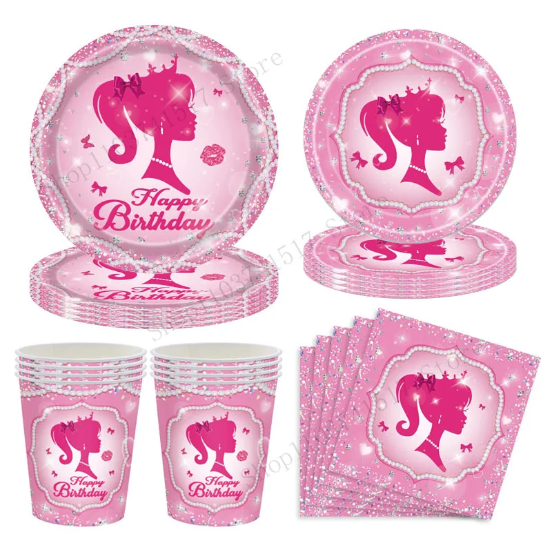 Barbie Birthday Party Decoration Disposable Tableware Plate Balloon Gift Bag Candy Box Cartoon Girls Pink Party Supplies