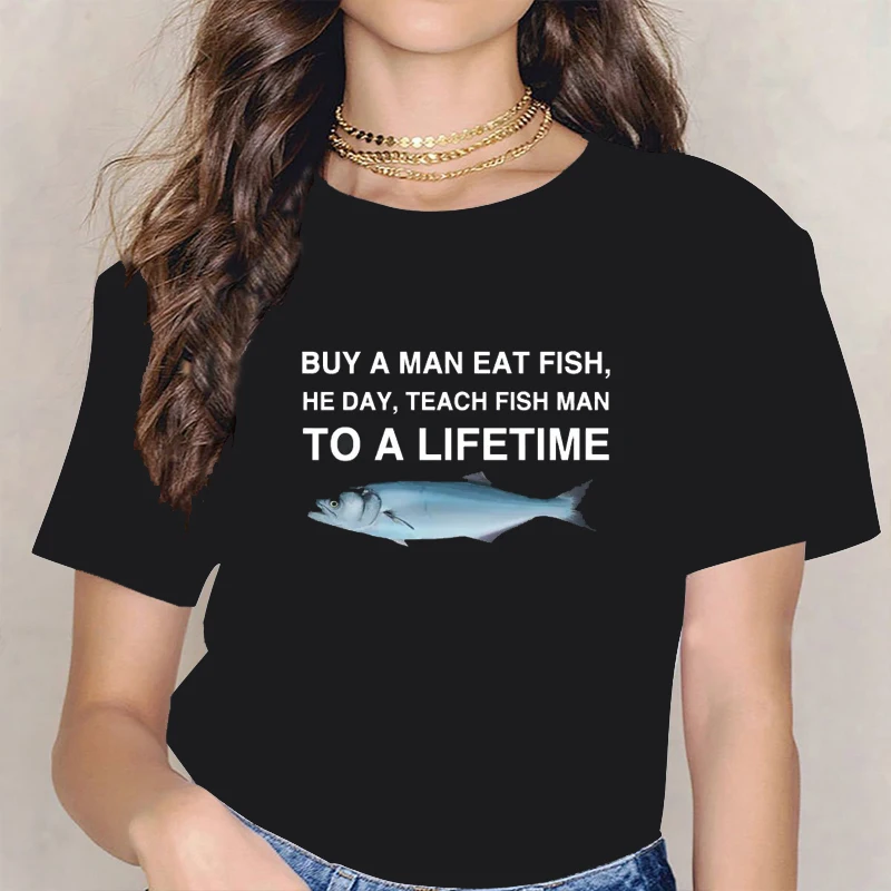 Buy A Man Eat Fish He Day Funny Streetwear Vintage Daily Meme T Shirt Unisex Fashion Casual Plus Size T-shirt Oversized Tees