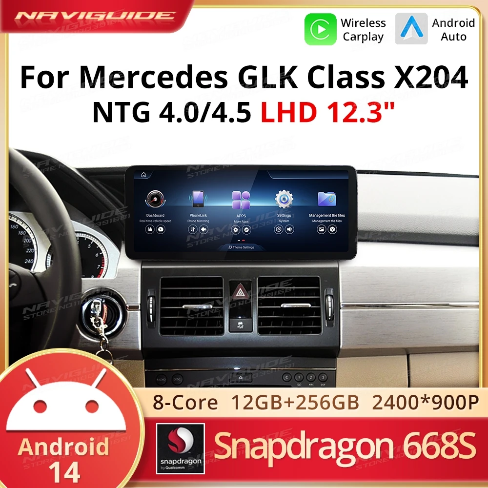 NAVIGUIDE Android 14 For Mercedes GLK Class X204 LHD Wireless Carplay Android Auto Intelligent Car Navigation Multimedia Player