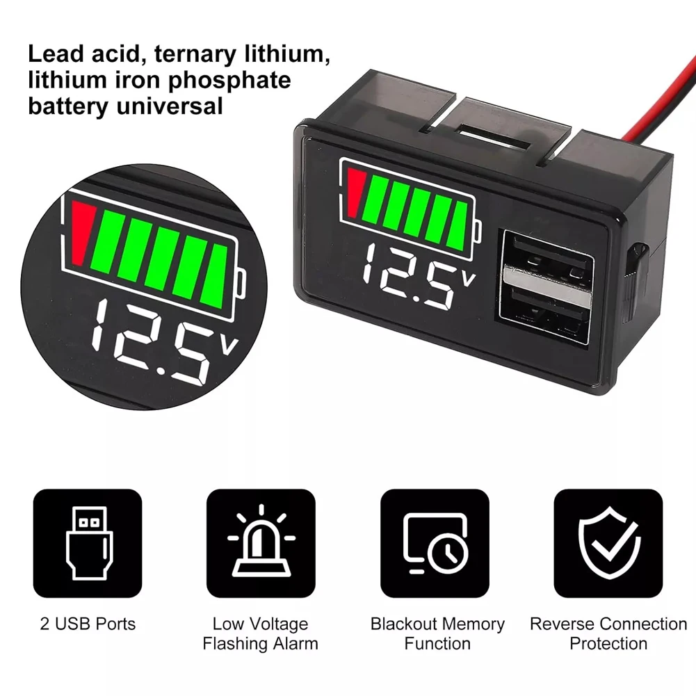 DC8-30V Acid Lithium Battery Capacity Indicator Car Motorcycle Digital Voltmeter Voltage Tester Meter Tool USB TypeC Output