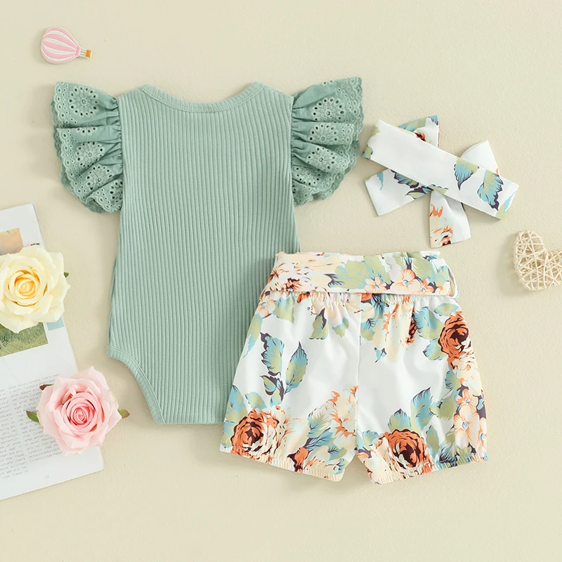 

Baby Girl Summer Clothes Newborn Outfit Ribbed Romper Floral Bloomer Shorts Headband Newborn Girl Clothes