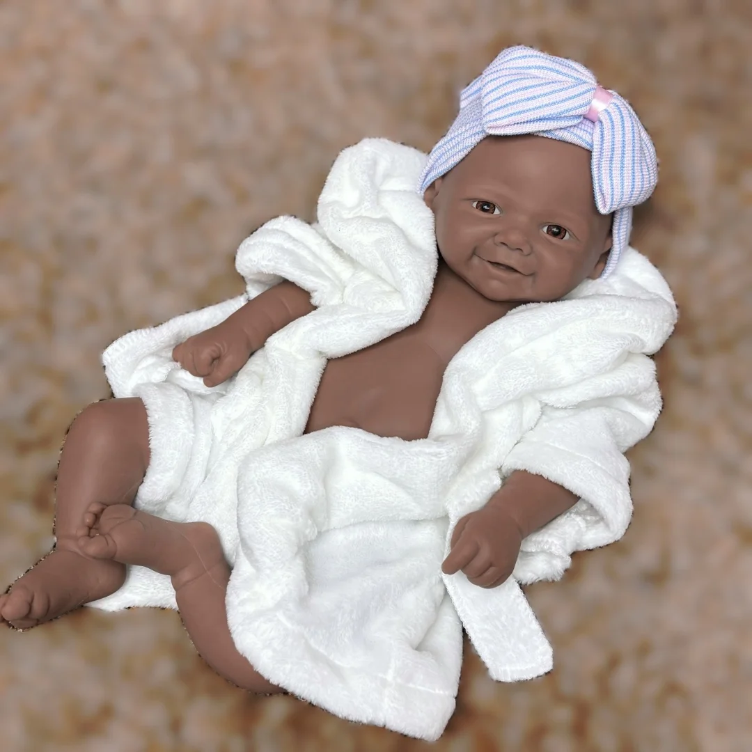 18Inch Dark Skin Vivienne Full Body Silicone Bebe Reborn Girl Doll Can Open Mouth & Washable Silicone Doll Lifelike Newborn Doll