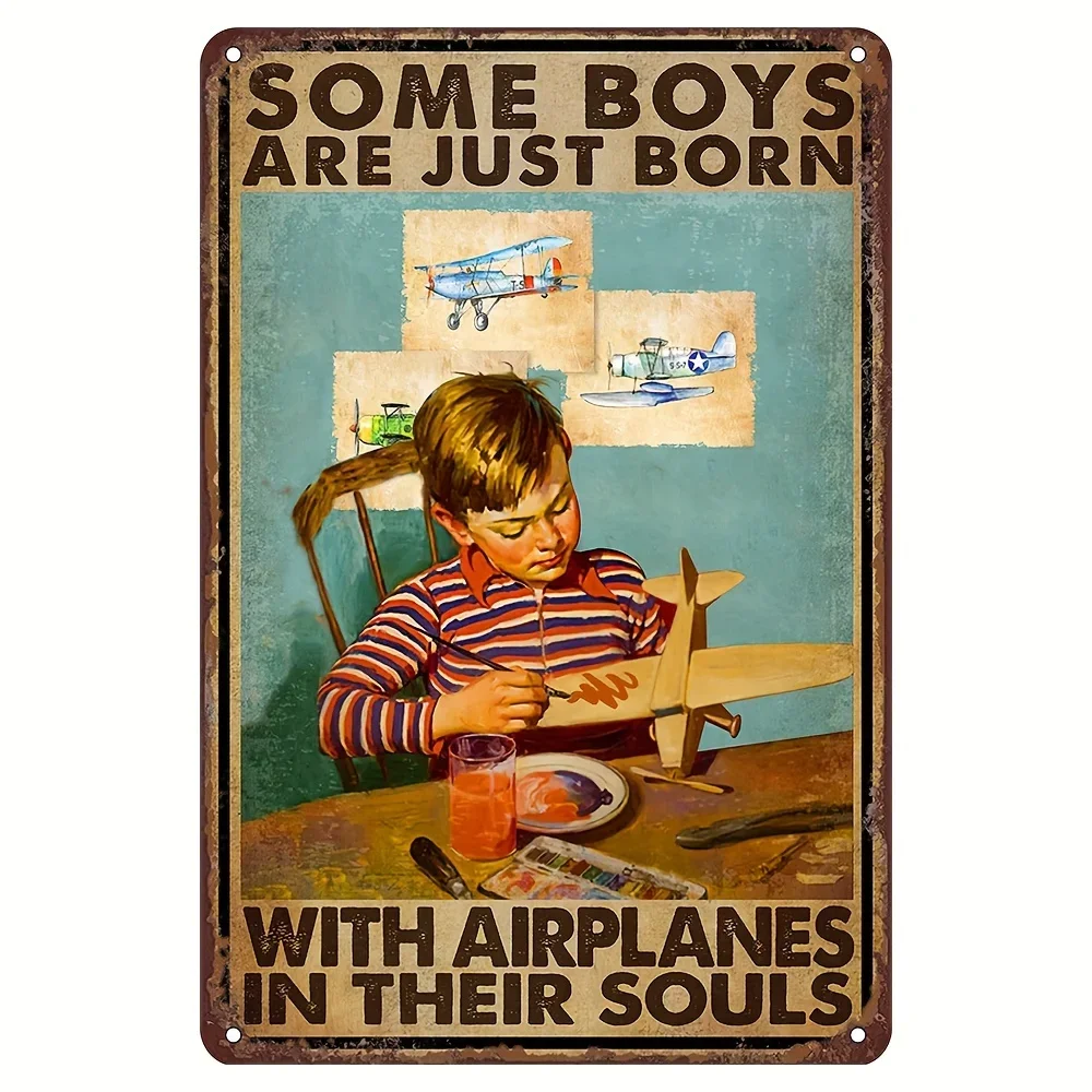 

Boy Loves Airplane Metal Tin Sign,Gift for Aeroplane Enthusiast Pilot Vintage Tin Sign Funny Wall Interior Decoration Wall Decor