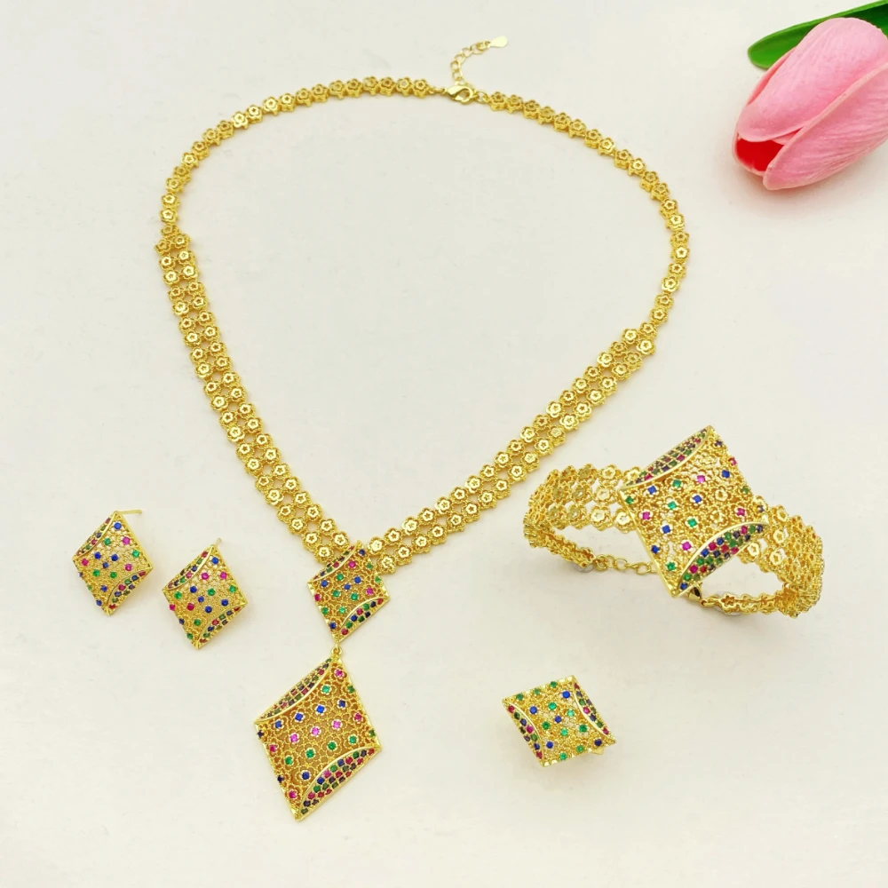 

Flora Geometric Modeling Jewelry Set Gold Plated Brass Zircon Necklace Earrings Bracelet Ring Set Gifts for Women