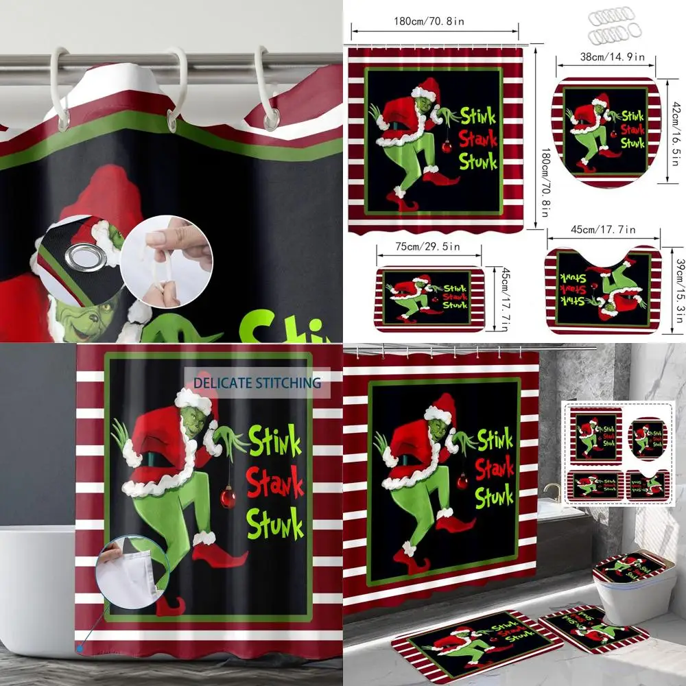 

Christmas Bathroom Set: Shower Curtain, Rugs, Toilet Lid Cover & Bath Mat, 72 x 72, Style 11