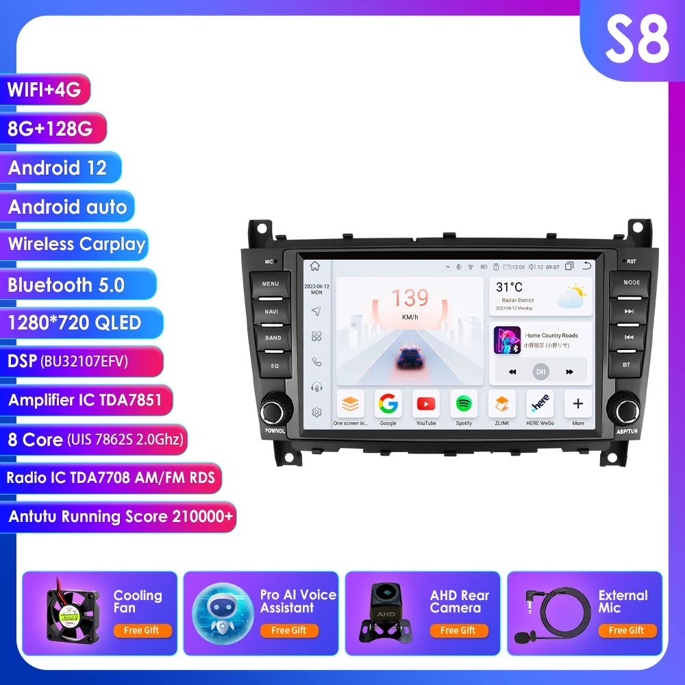 8 "Carplay Android Auto Auto radio Für Mercedes Benz C-Klasse W203/CLC W203 CLK W209 2005-2011mutimedia 4G 8Core Autoradio GPS RDS