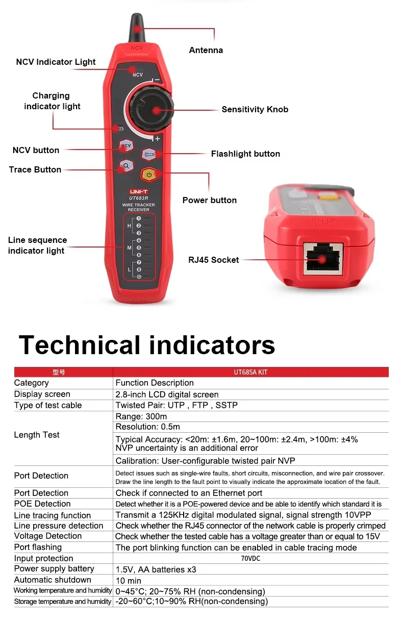 UT685A For TDR Cable Tester Network Wire Locator With For PoE Length Fault Distance Detection Port Flashing And NCV Voltage Trac