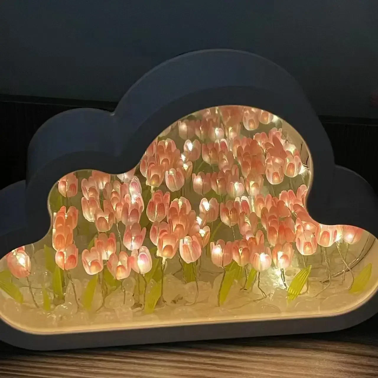 Creative LED Tulip Handmade DIY Cloud Night Light Girl Bedroom Ornaments Photo Frame Mirror Table Lamps Bedside Birthday Gifts