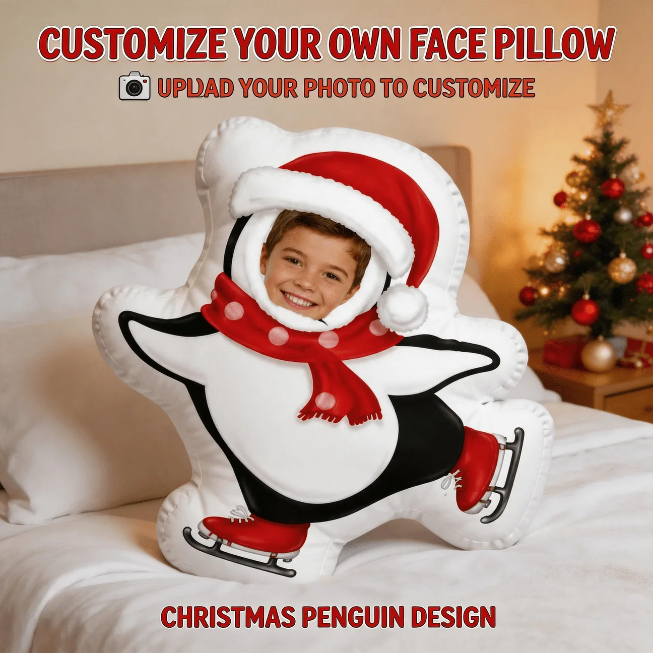 Custom Photo Shaped Pillow, Personalized Face in Holiday Penguin Costume Decorative Cushion, Unique Home Decor Accent for Sofa &