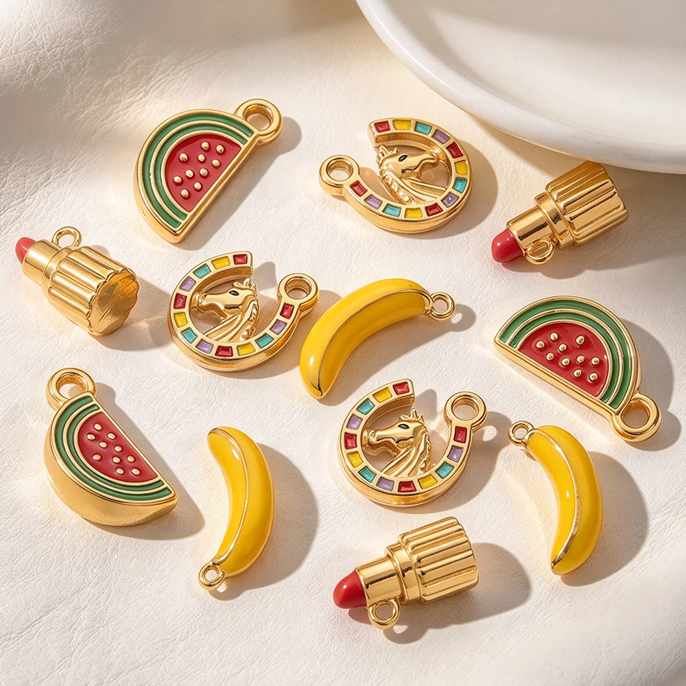 2pcs Enamel Fruit Animal Pendants 18K Stainless Steel Cute Lipstick Charm For DIY Earring Necklace Jewelry Making Gift Wholesale